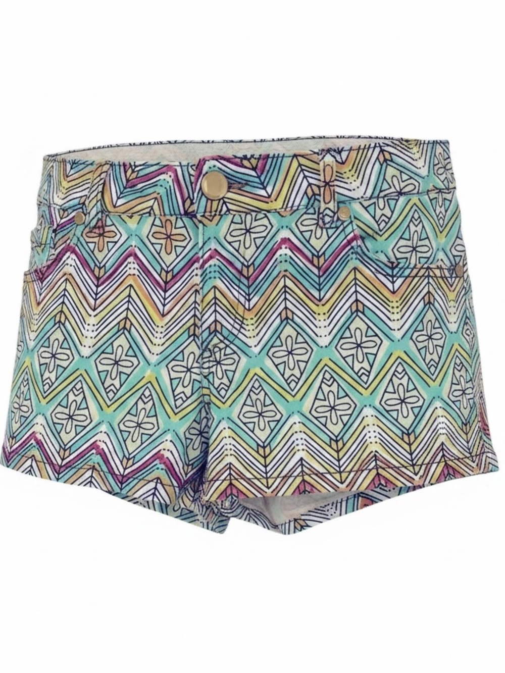 LOVE FIRE MIXED PRINT DENIM SHORTY SHORTS PASTEL MULTICOLOR JUNIORS SIZE 9